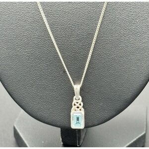 Sterling‎ Silver Emerald Cut Blue Topaz Pendant Necklace Celtic Design 10" READ